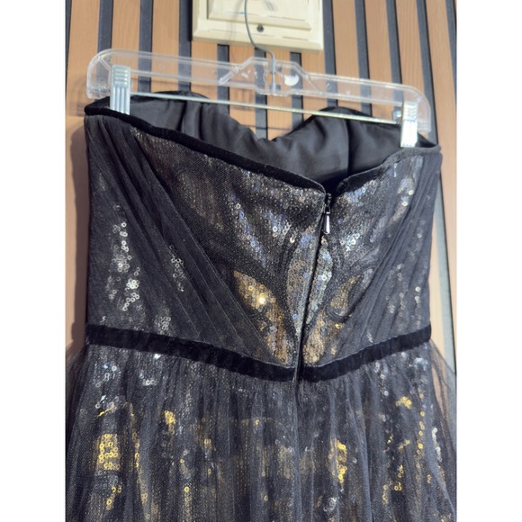 MARCHESA NOTTE Black Gold Sequin Tulle Strapless Gown Formal Evening Ballgown - Picture 11 of 14